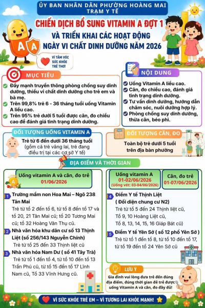 Chiến dịch bổ sung Vitamin A đợt I v&agrave; triển khai c&aacute;c hoạt động ng&agrave;y Vi chất dinh dưỡng năm 2026 tr&ecirc;n địa b&agrave;n phường Ho&agrave;ng Mai
