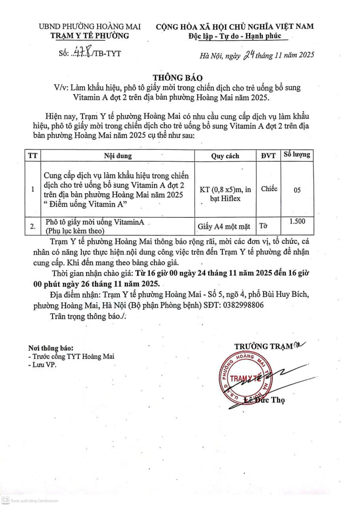 Thông báo làm khảu hiệu, photo giấy mời