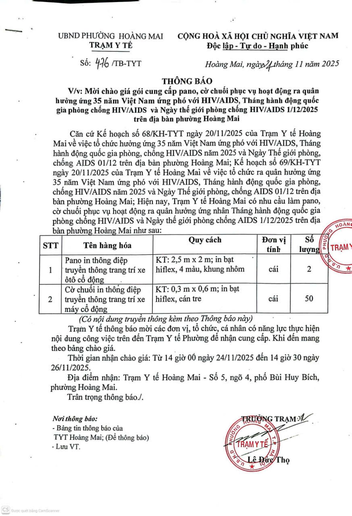 Thông báo mời chào giá cung cấp pano, cờ chuối