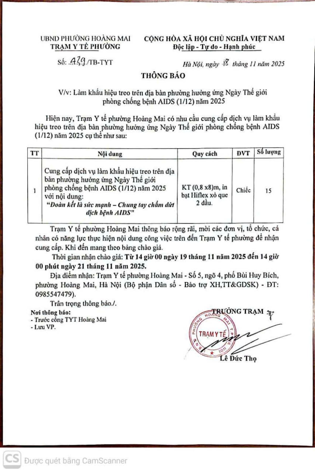 Thông báo về việc làm khẩu hiệu treo trên địa bàn phường hưởng ứng Ngày Thế giới phòng chống bệnh AIDS (1/12) năm 2025