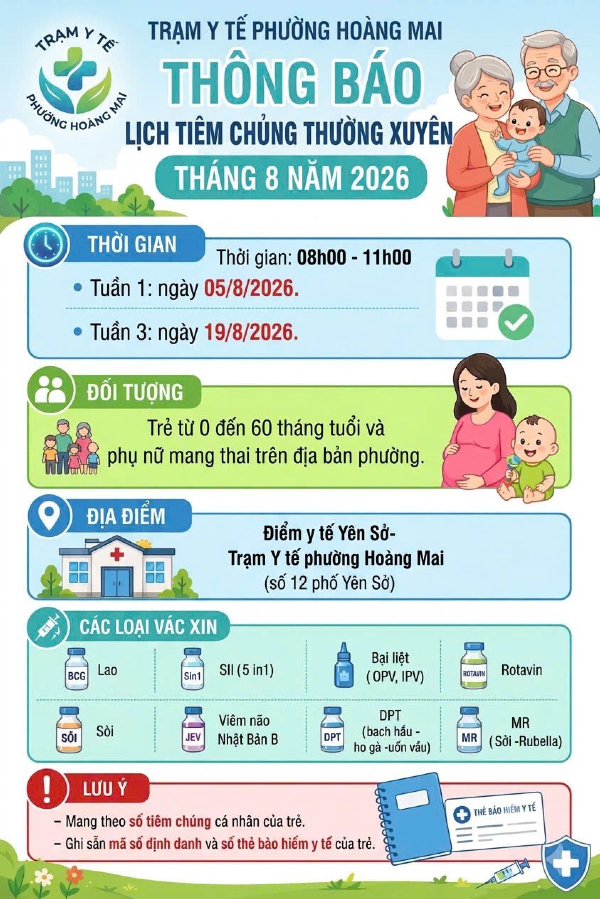 Th&ocirc;ng b&aacute;o lịch ti&ecirc;m chủng thường xuy&ecirc;n th&aacute;ng 8/2026 tại TYT phường Ho&agrave;ng Mai
